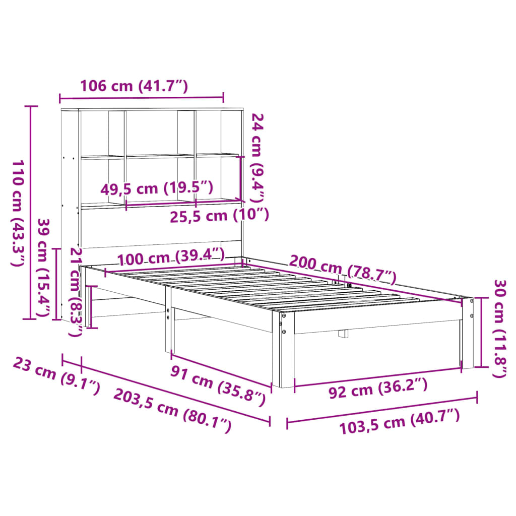 Bookcase Bed without Mattress 100x200cm Solid Wood Pine