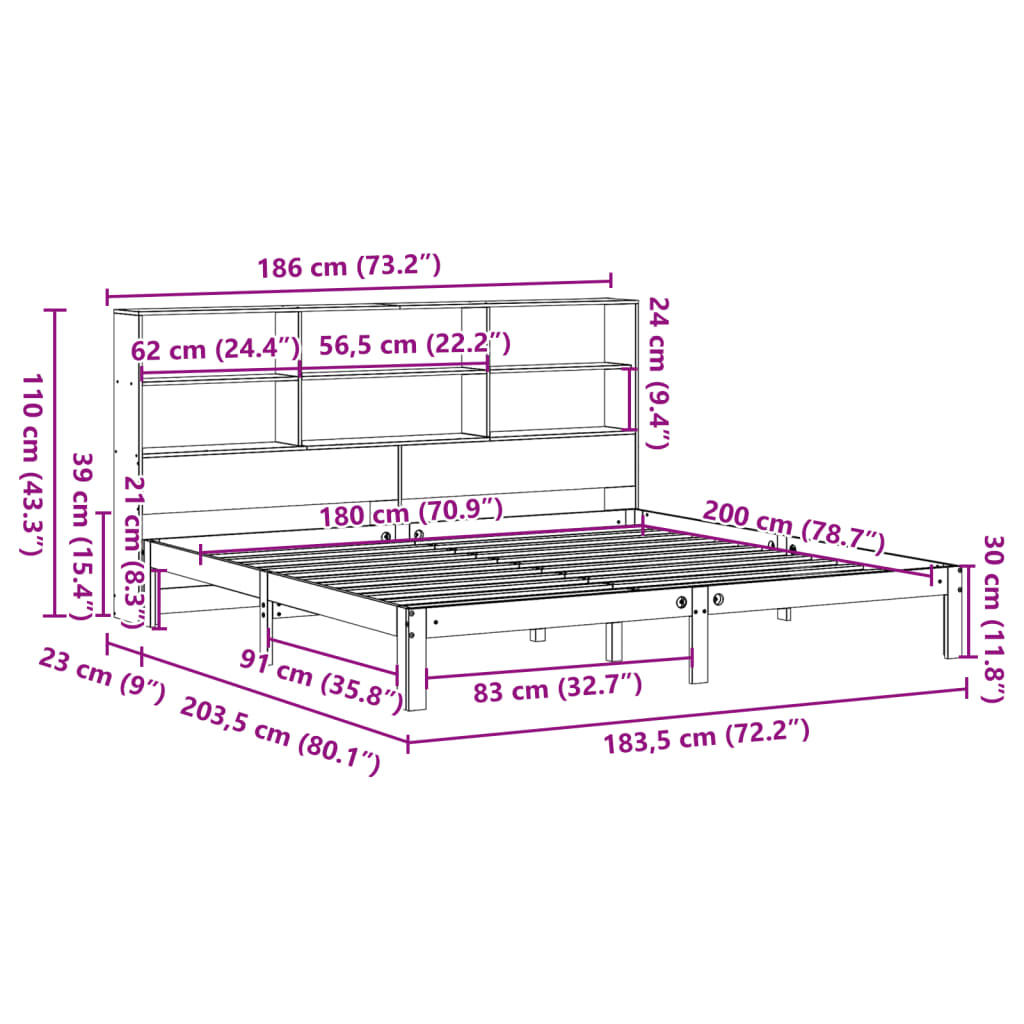 Bookcase Bed without Mattress 180x200 cm Super King Solid Wood Pine