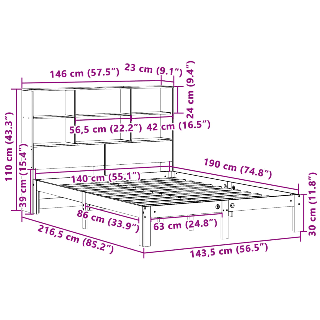 Bookcase Bed without Mattress Wax Brown 140x190cm Solid Wood Pine