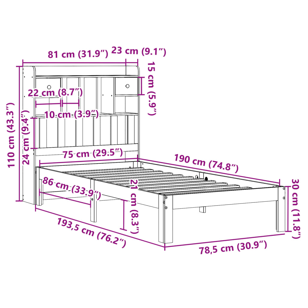 Bookcase Bed without Mattress 75x190cm Solid Wood Pine