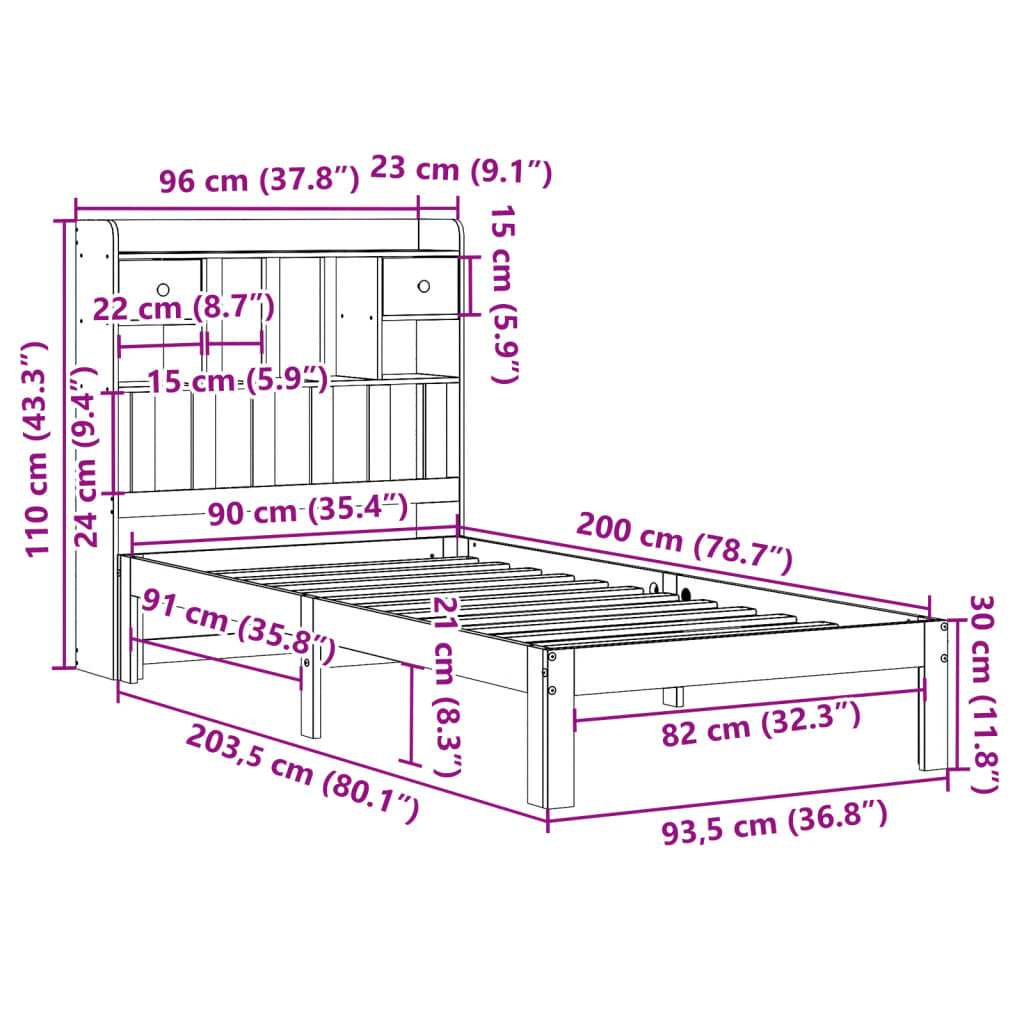 Bookcase Bed without Mattress 90x200cm Solid Wood Pine