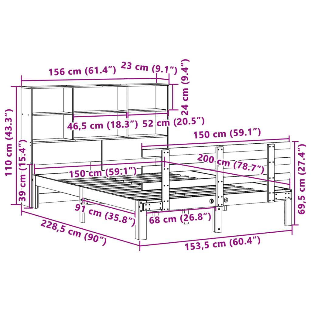 Bookcase Bed without Mattress White 150x200 cm King Size Solid Wood Pine