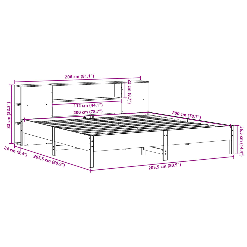 Bookcase Bed without Mattress 200x200 cm Solid Wood Pine