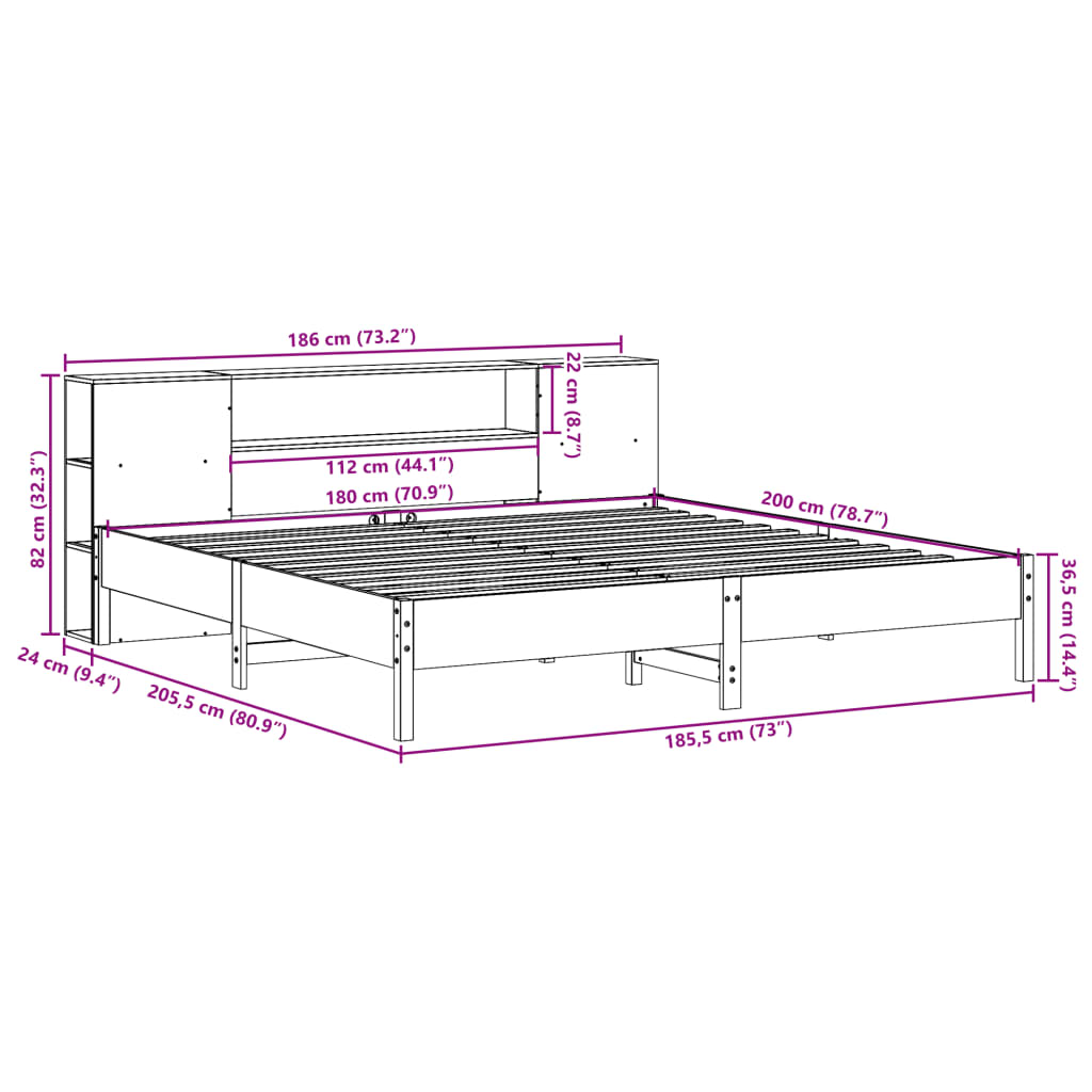 Bookcase Bed without Mattress 180x200 cm Super King Solid Wood Pine