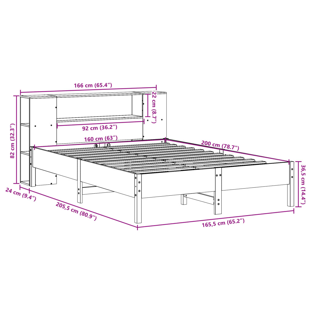 Bookcase Bed without Mattress 160x200 cm Solid Wood Pine