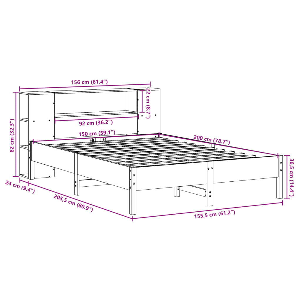 Bookcase Bed without Mattress 150x200 cm King Solid Wood Pine