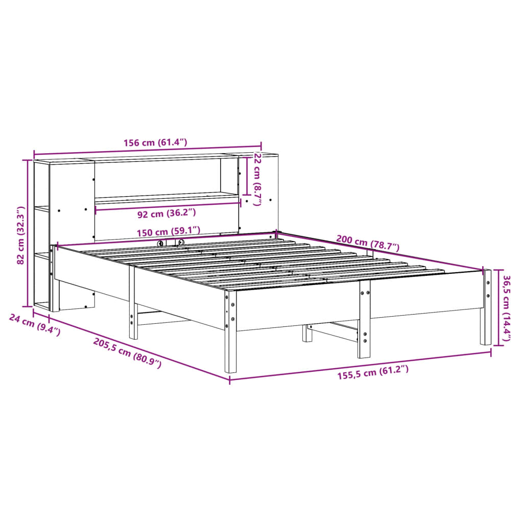 Bookcase Bed without Mattress White 150x200 cm King Solid Wood Pine