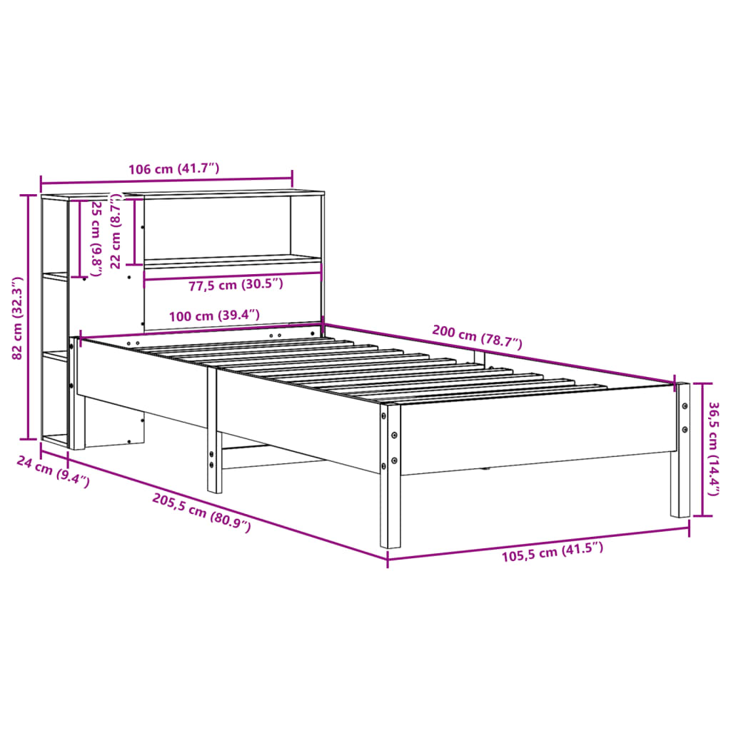 Bookcase Bed without Mattress 100x200cm Solid Wood Pine