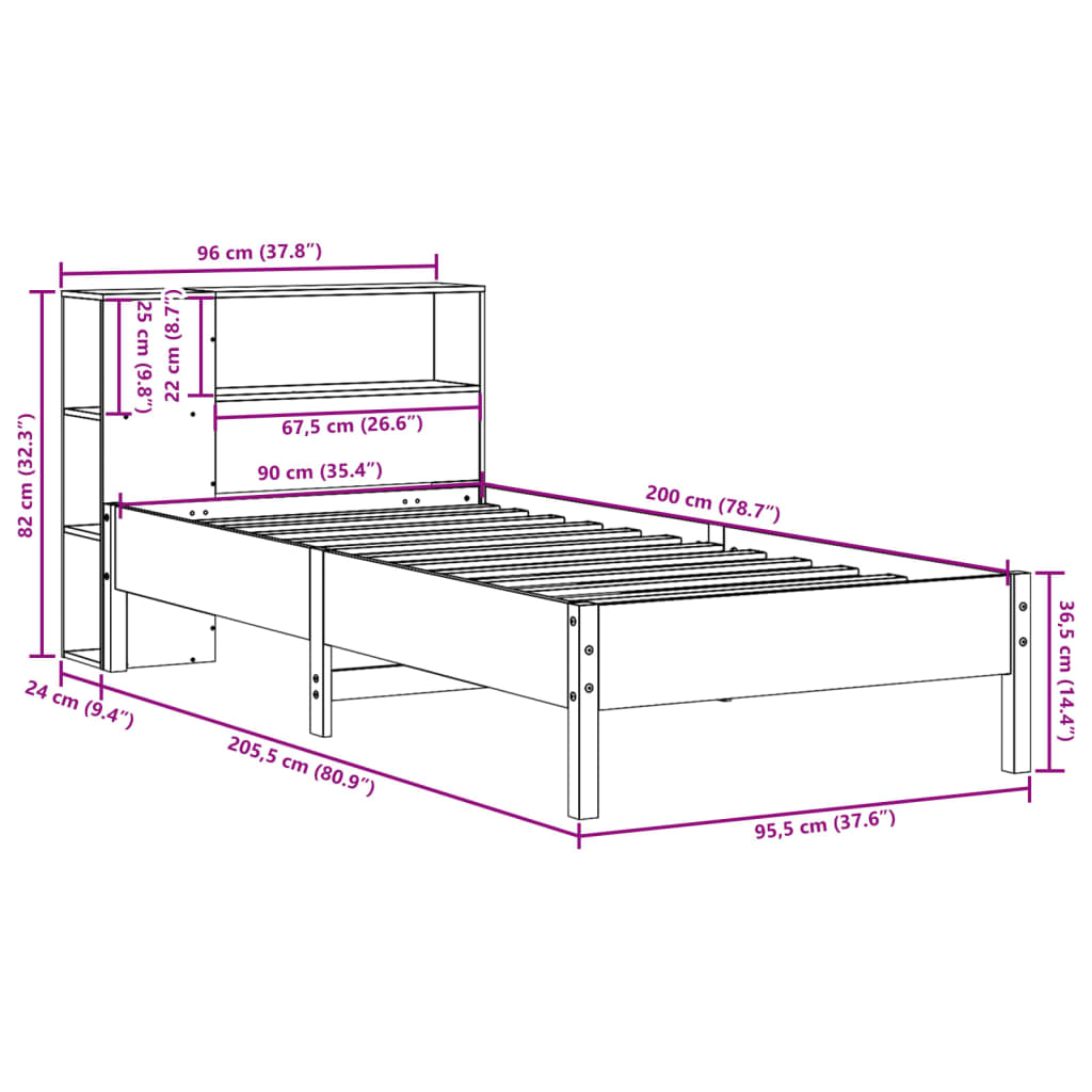 Bookcase Bed without Mattress White 90x200cm Solid Wood Pine