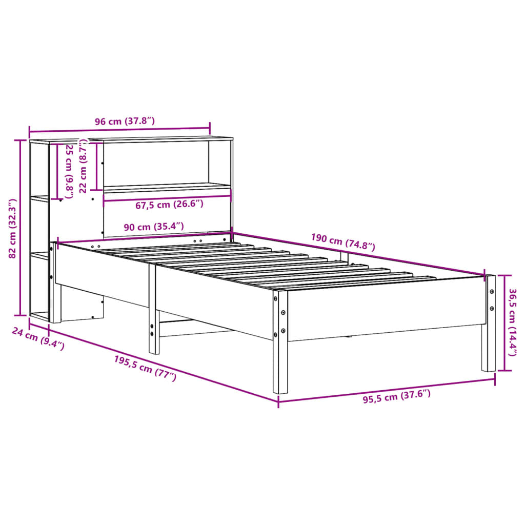 Bookcase Bed without Mattress 90x190 cm Single Solid Wood Pine