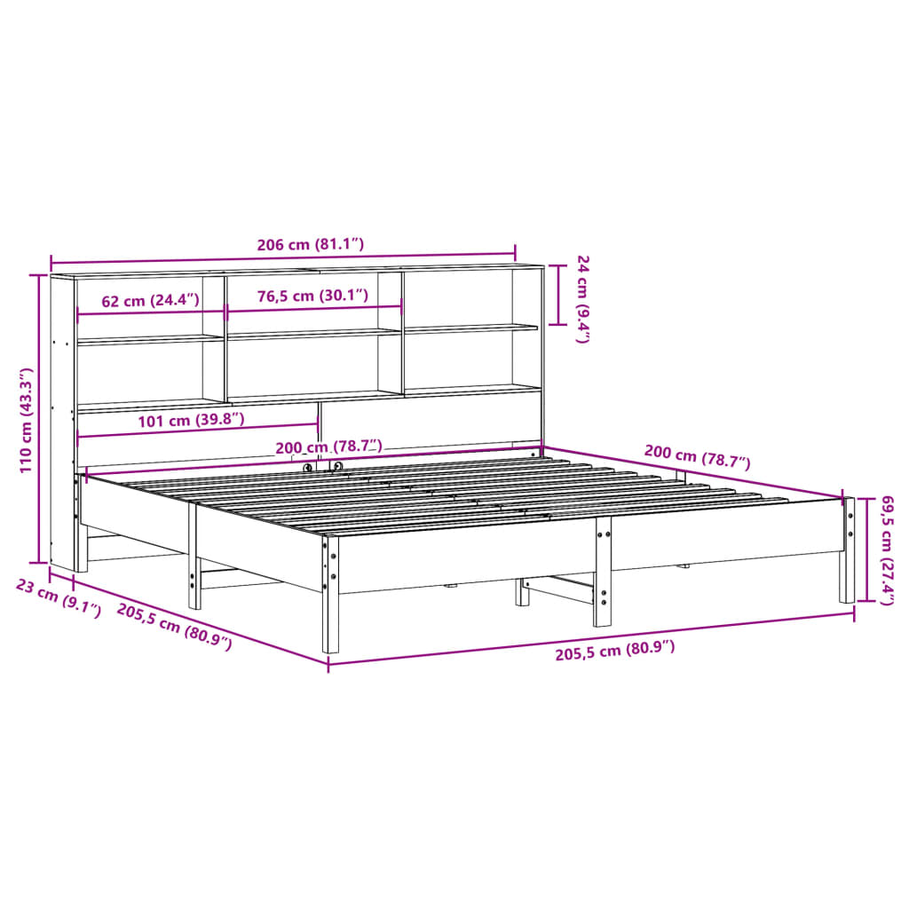 Bookcase Bed without Mattress 200x200cm Solid Wood Pine