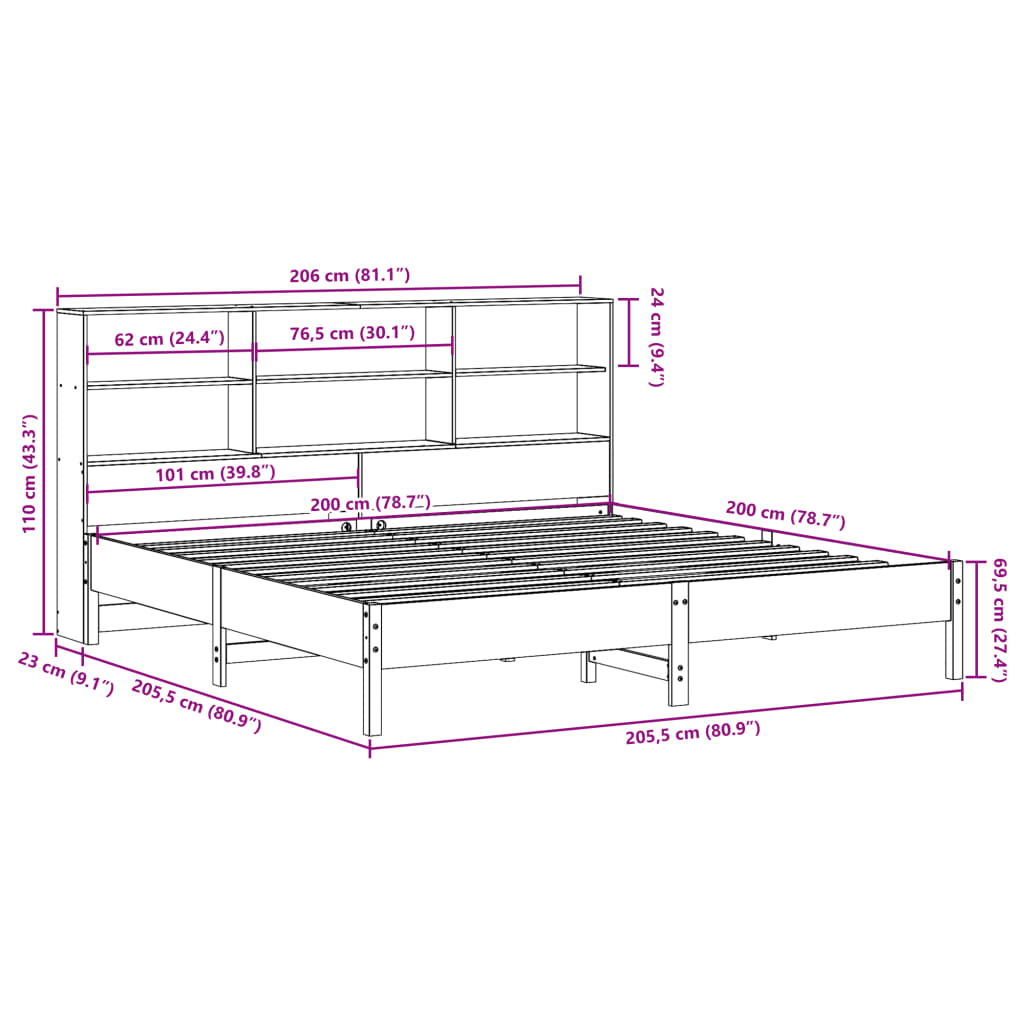 Bookcase Bed without Mattress White 200x200cm Solid Wood Pine