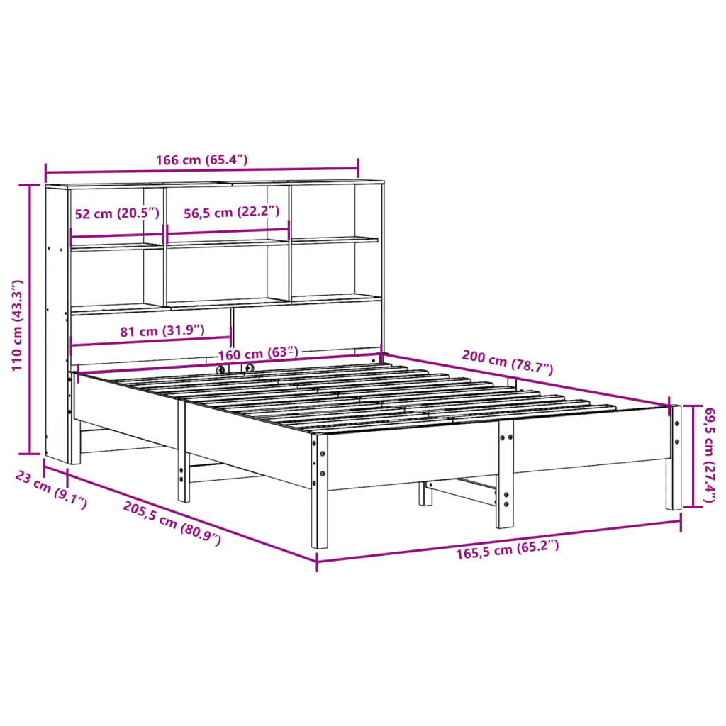 Bookcase Bed without Mattress 160x200cm Solid Wood Pine