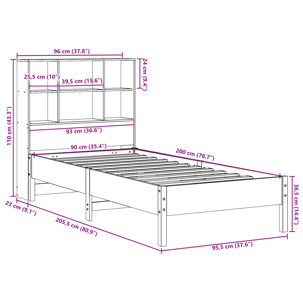 Bookcase Bed without Mattress 90x200 cm Solid Wood Pine