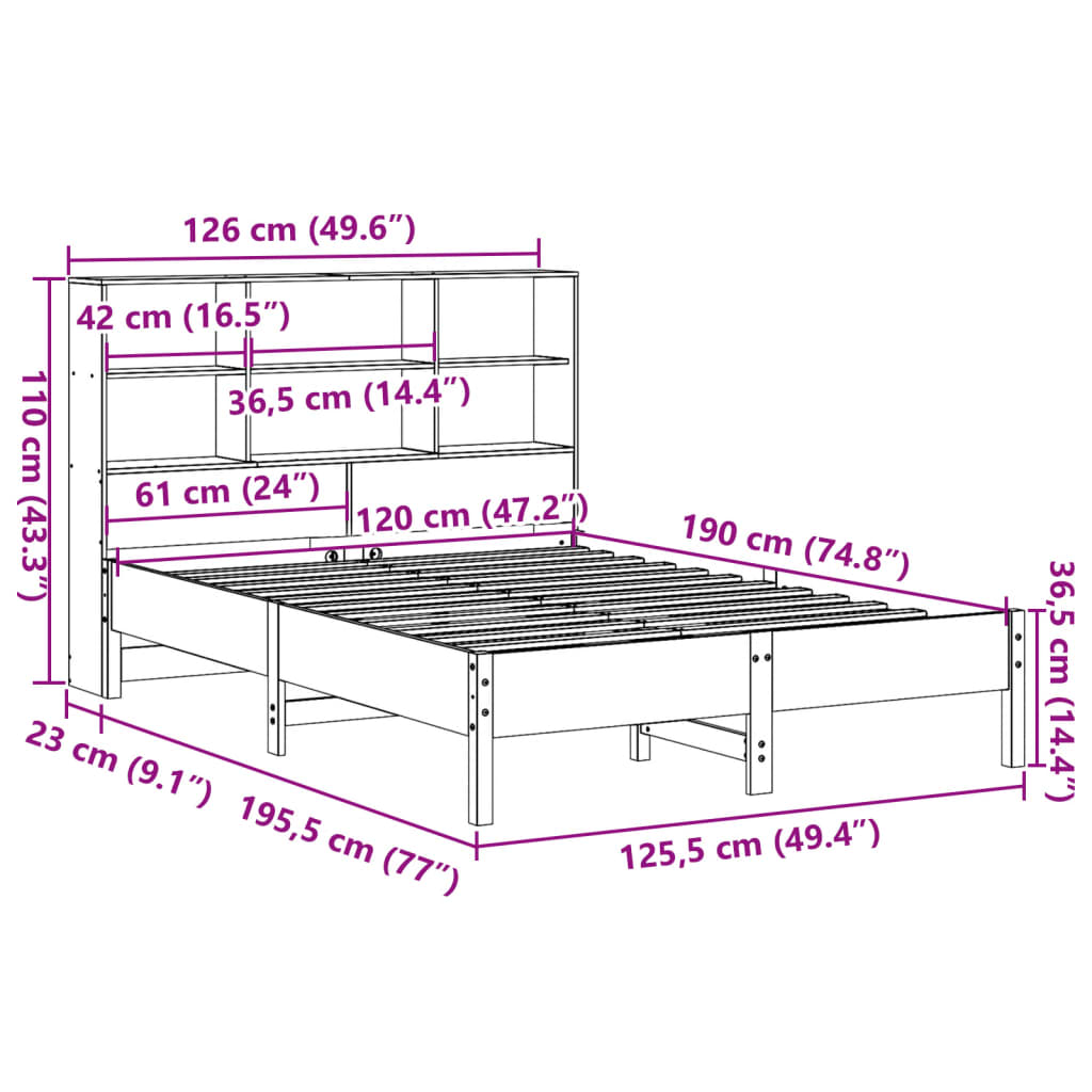 Bookcase Bed without Mattress 120x190 cm Small Double Solid Wood Pine