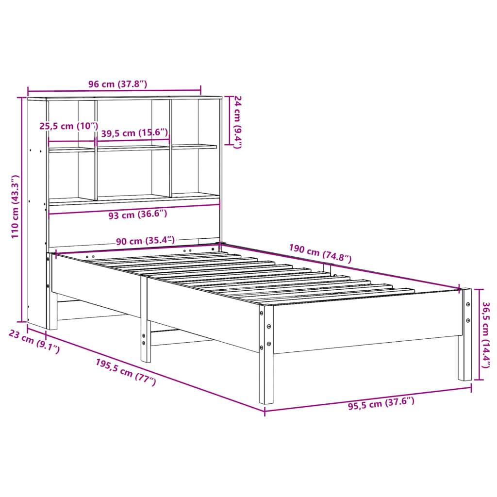 Bookcase Bed without Mattress 90x190 cm Single Solid Wood Pine