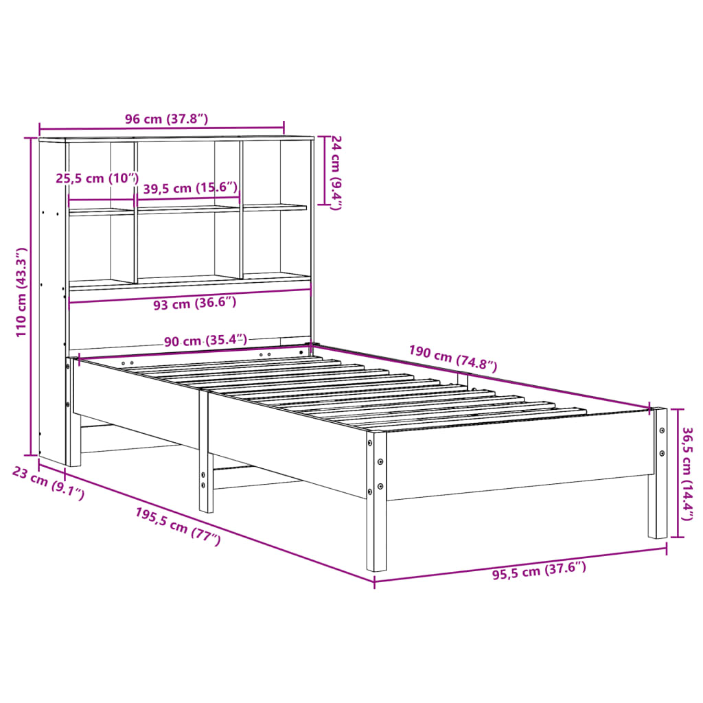 Bookcase Bed without Mattress White 90x190 cm Single Solid Wood Pine