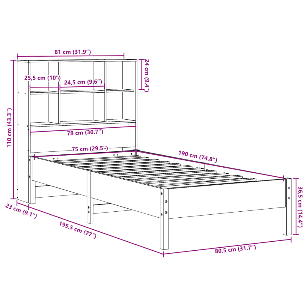 Bookcase Bed without Mattress White 75x190 cm Small Single Solid Wood Pine