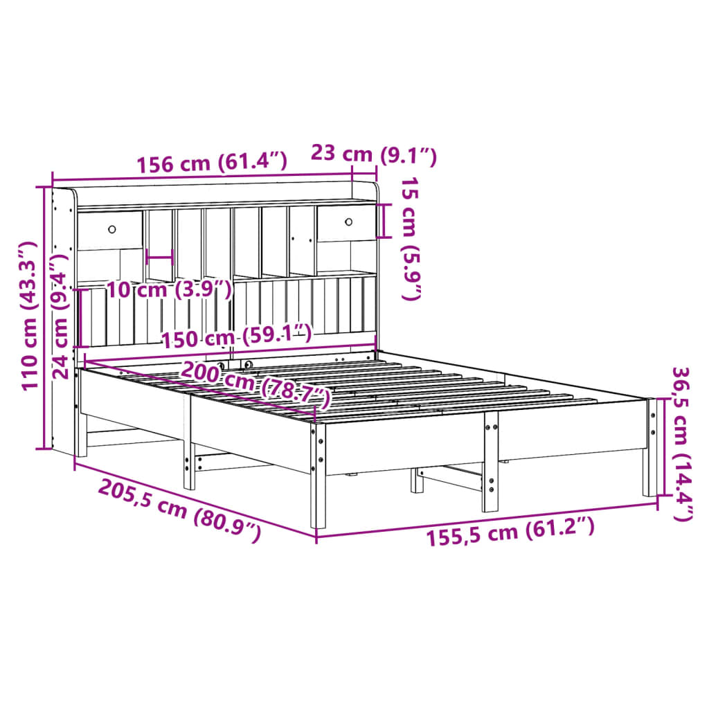 Bookcase Bed without Mattress White 150x200 cm King Size Solid Wood Pine