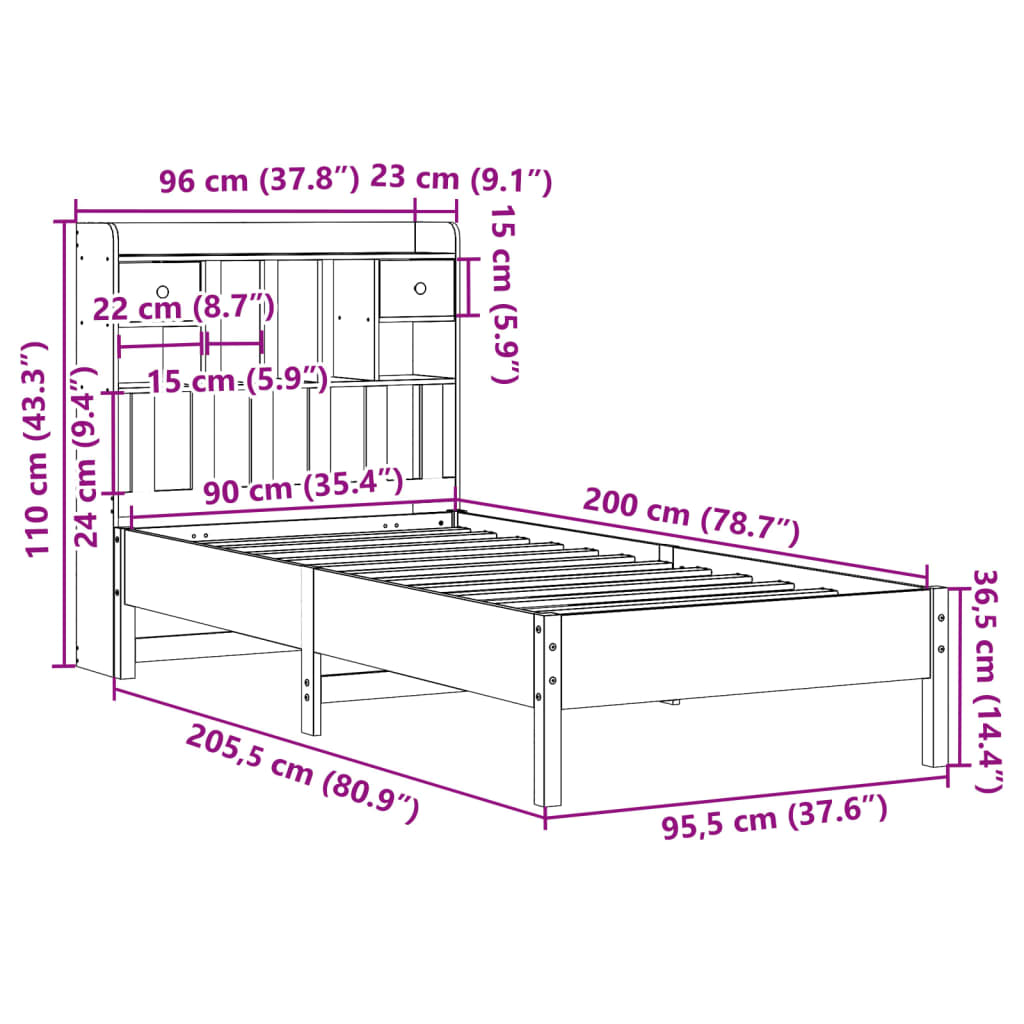 Bookcase Bed without Mattress 90x200 cm Solid Wood Pine