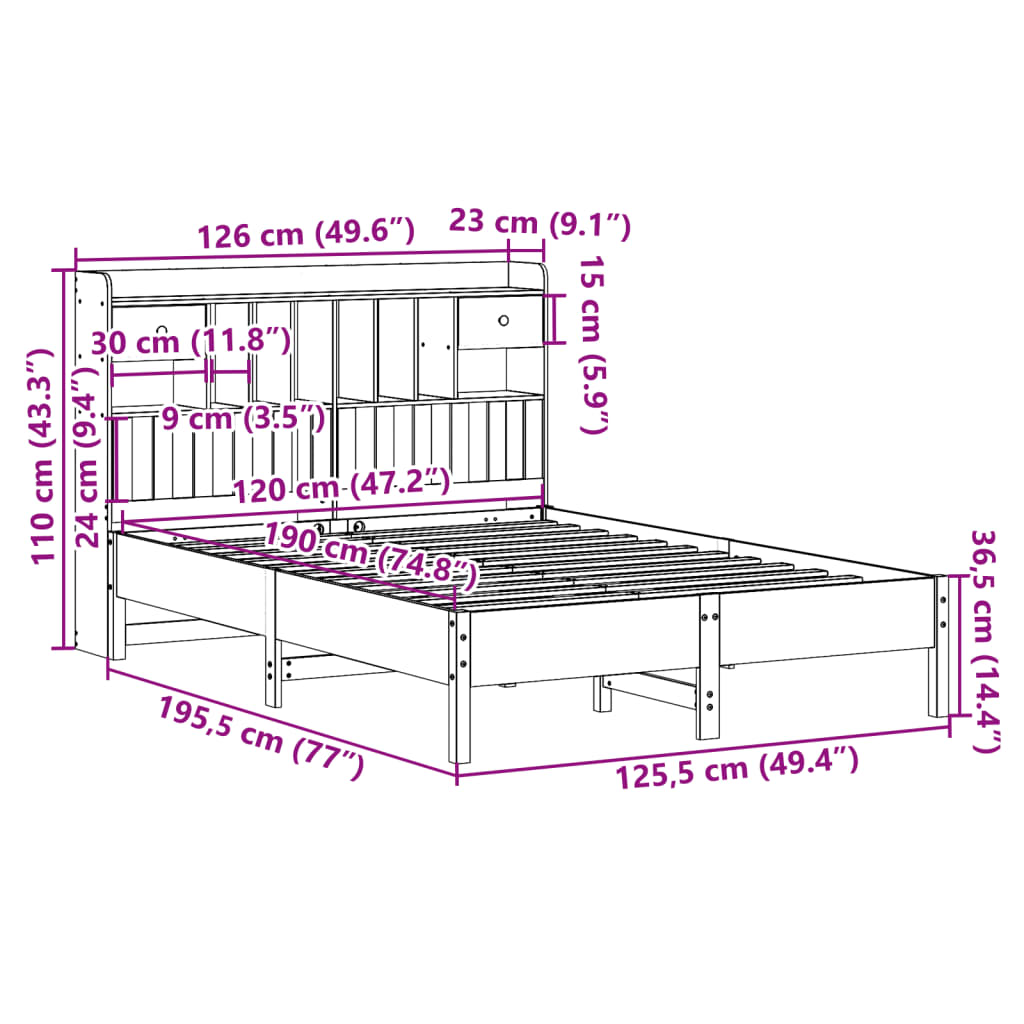 Bookcase Bed without Mattress White 120x190 cm Small Double Solid Wood Pine