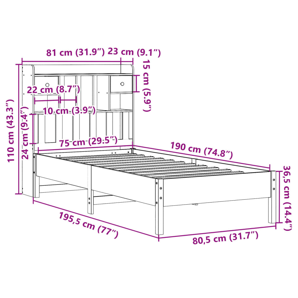 Bookcase Bed without Mattress 75x190 cm Small Single Solid Wood Pine