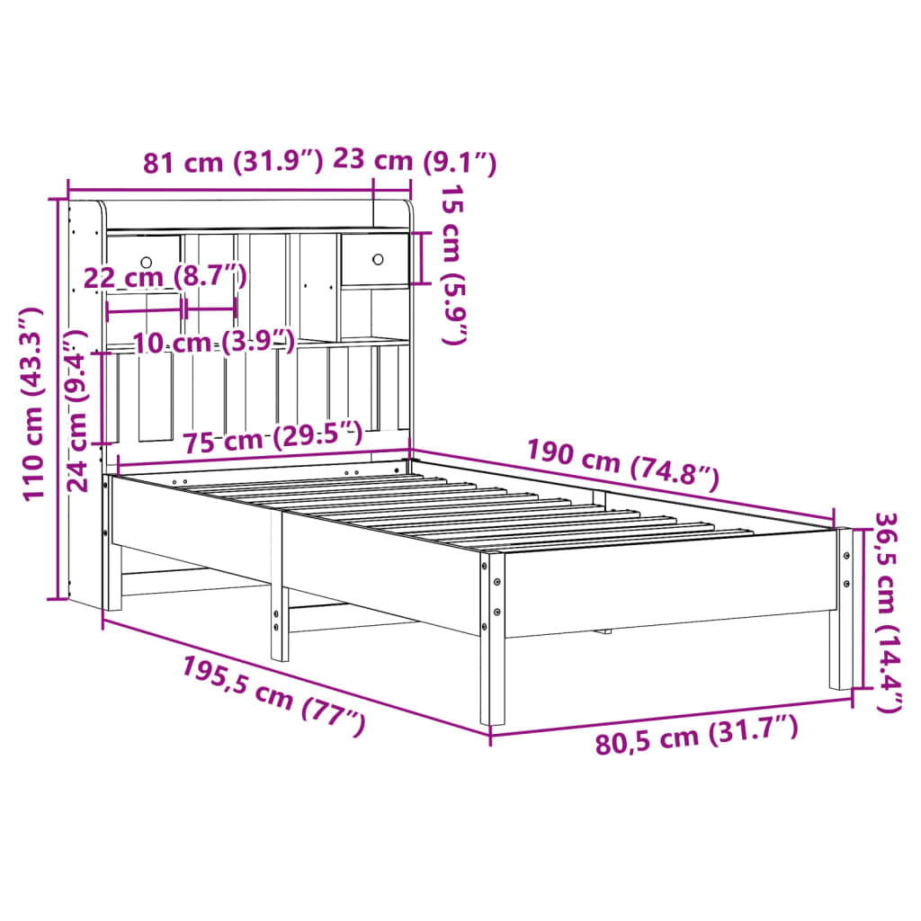 Bookcase Bed without Mattress White 75x190 cm Small Single Solid Wood Pine