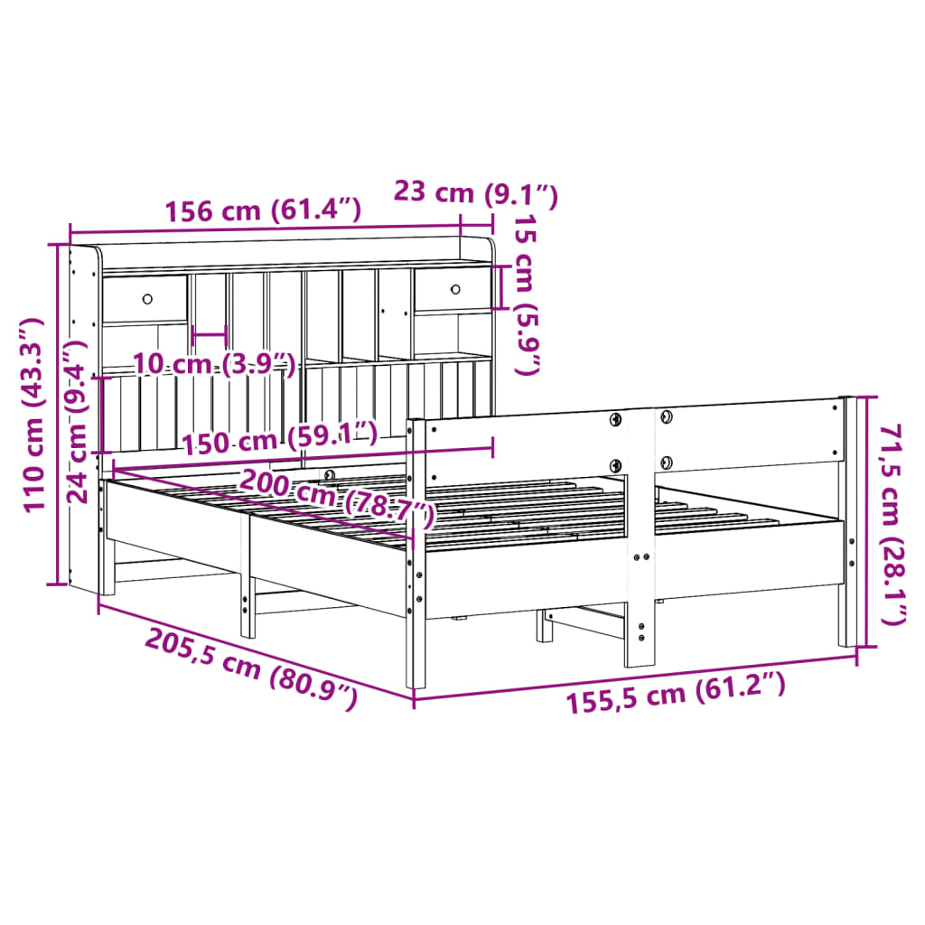 Bookcase Bed without Mattress 150x200cm King Size Solid Wood Pine