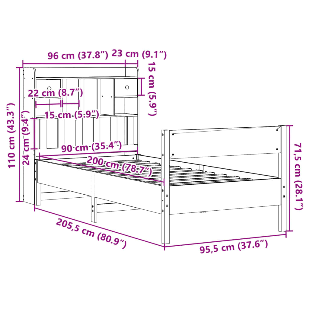 Bookcase Bed without Mattress 90x200 cm Solid Wood Pine