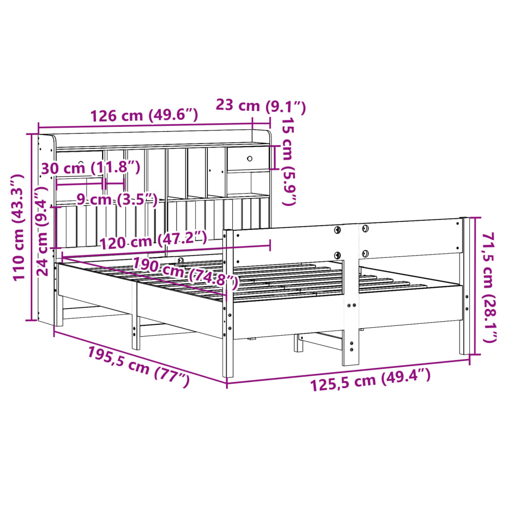 Bookcase Bed without Mattress White 120x190cm Small Double Solid Wood Pine