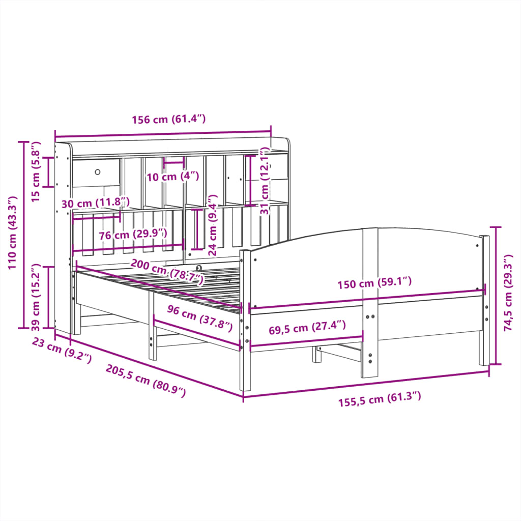 Bookcase Bed without Mattress 150x200 cm King Size Solid Wood Pine