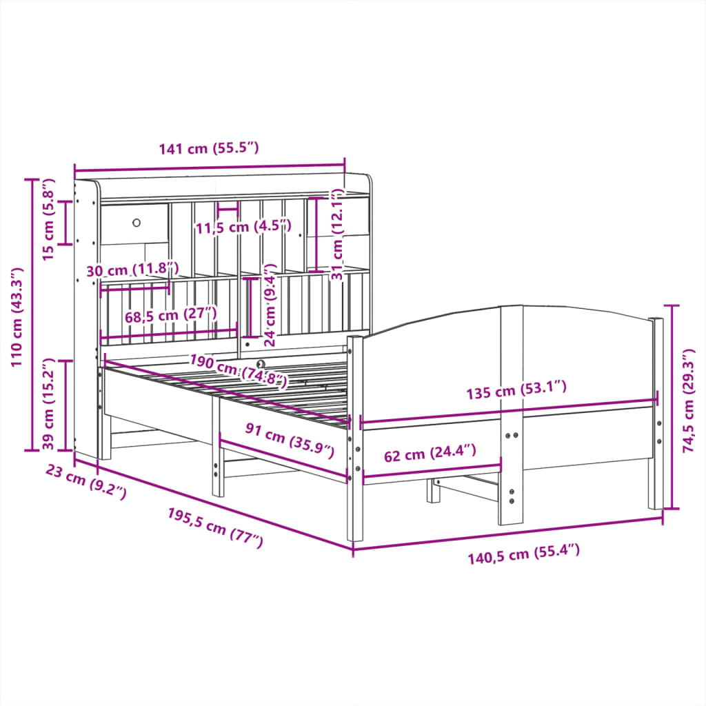 Bookcase Bed without Mattress Wax Brown 135x190 cm Double Solid Wood Pine