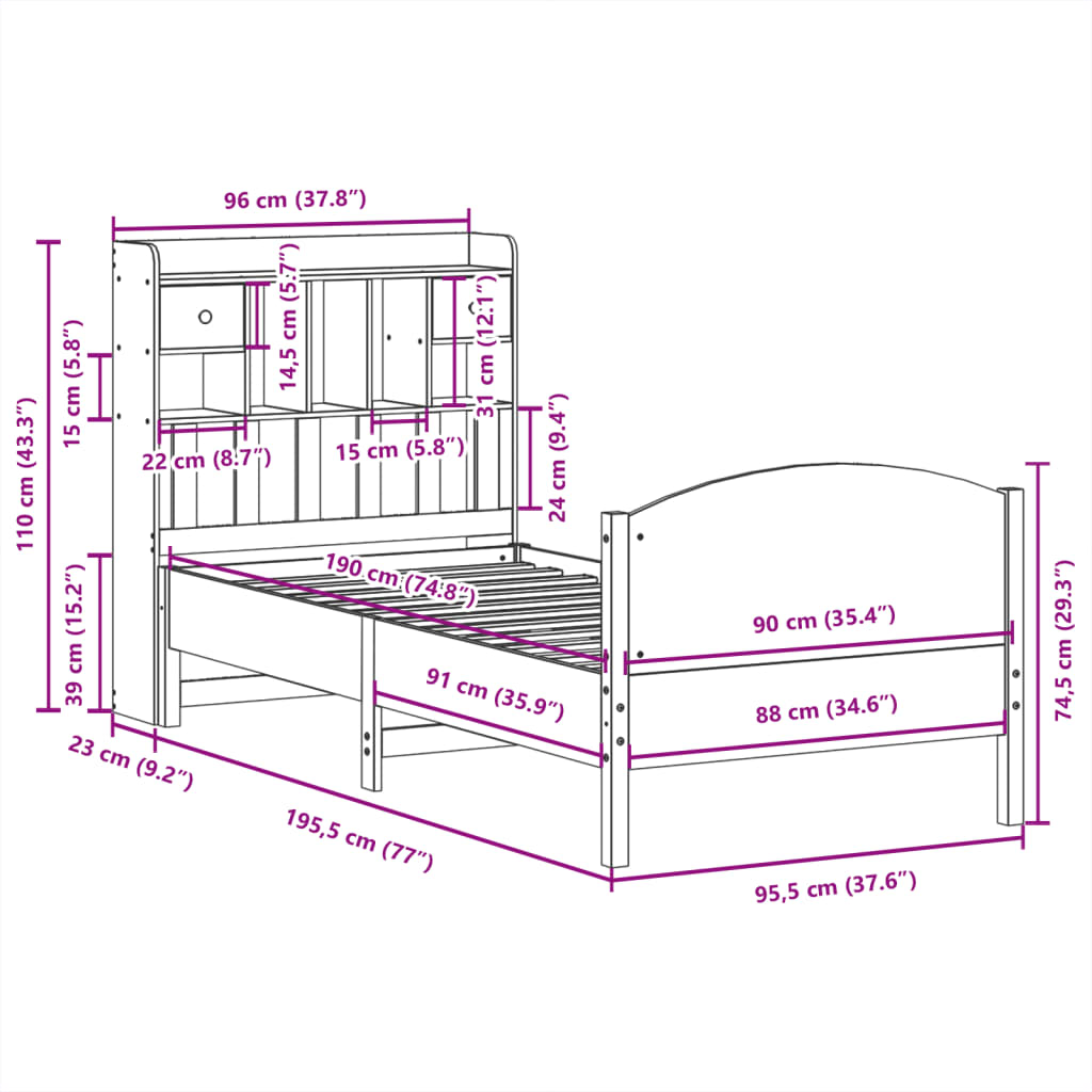 Bookcase Bed without Mattress 90x190 cm Single Solid Wood Pine