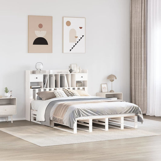 Bookcase Bed without Mattress White 150x200 cm King Size Solid Wood Pine