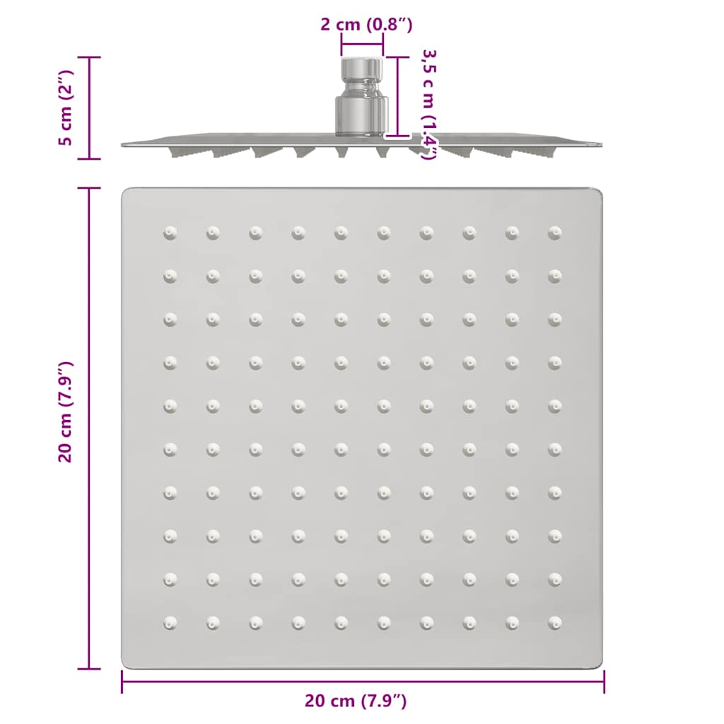 Rain Shower Head Stainless Steel 304 20x20 cm Square