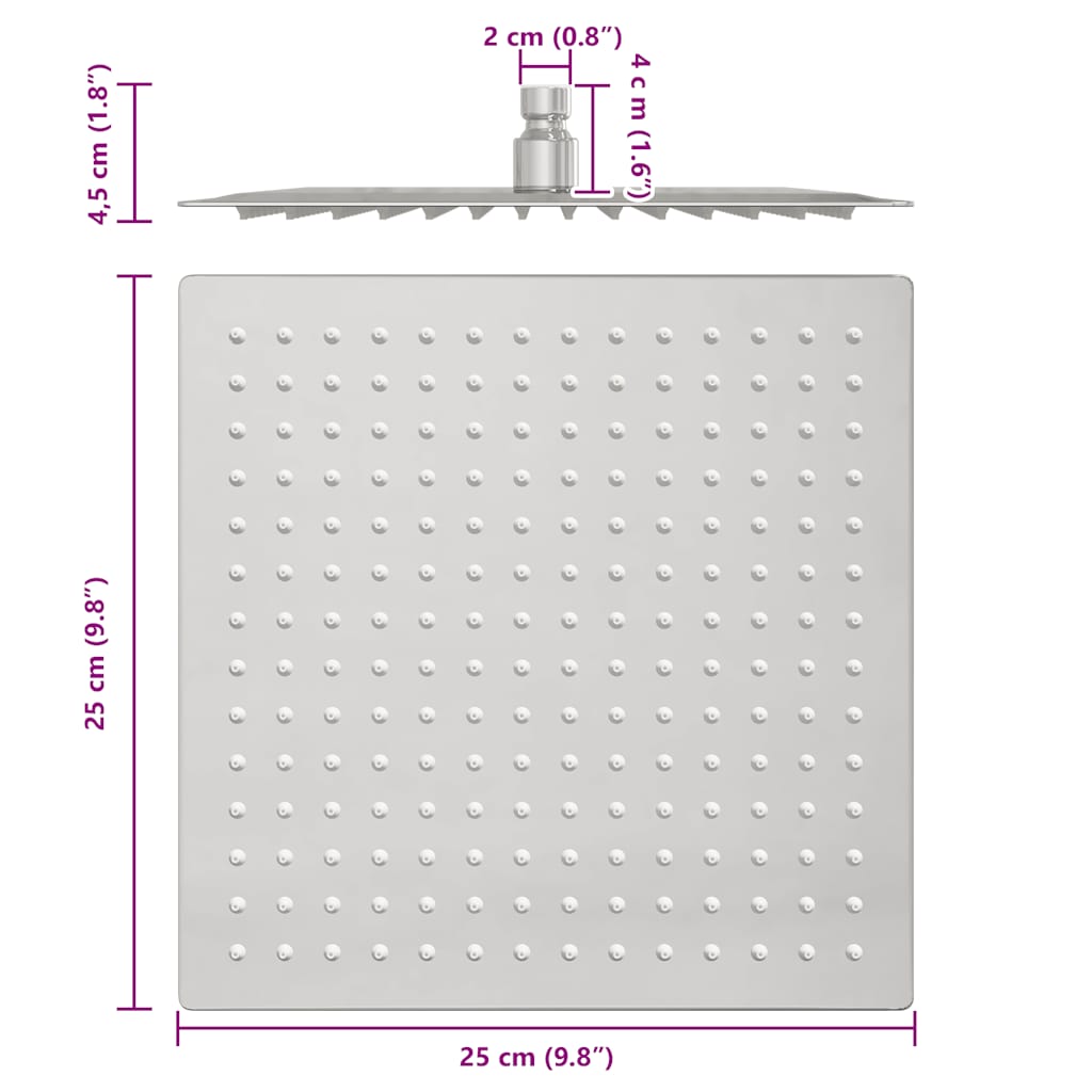 Rain Shower Head Stainless Steel 304 25x25 cm Square