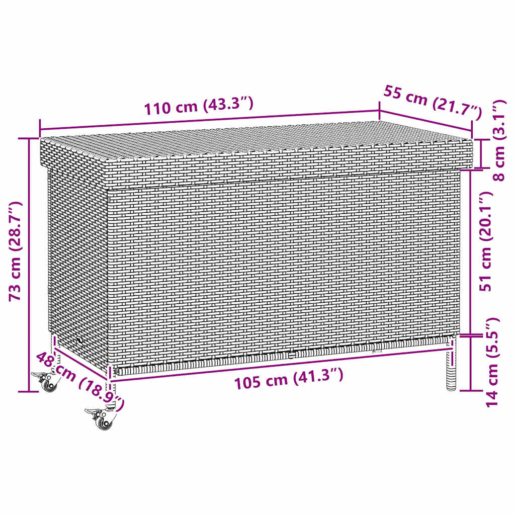 Garden Storage Box with Wheels Black 110x55x73 cm Poly Rattan