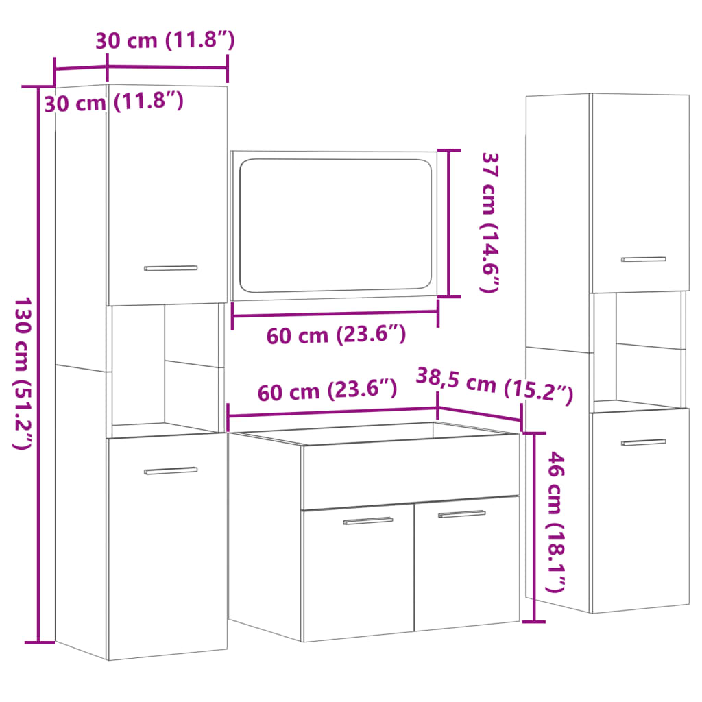 4 Piece Bathroom Furniture Set Concrete Grey Engineered Wood