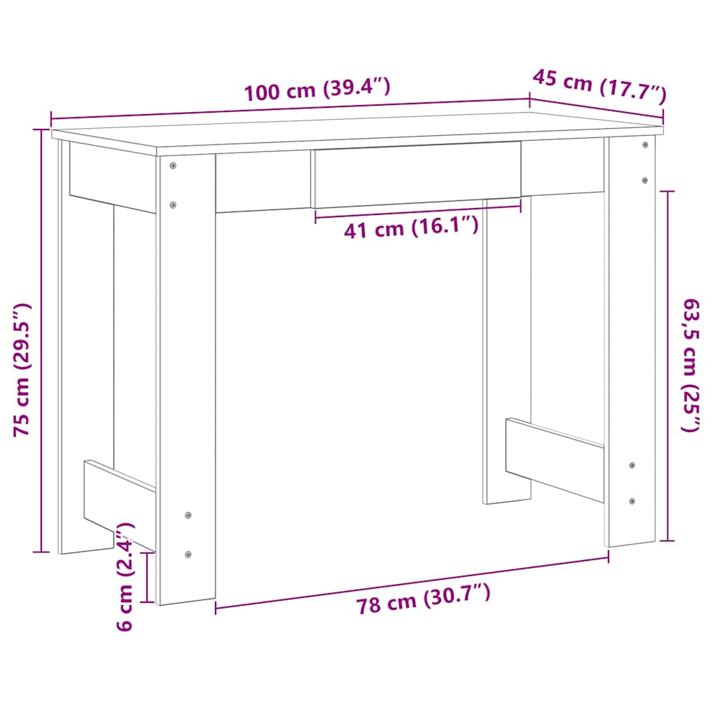 Desk White 100x45x75 cm Engineered Wood