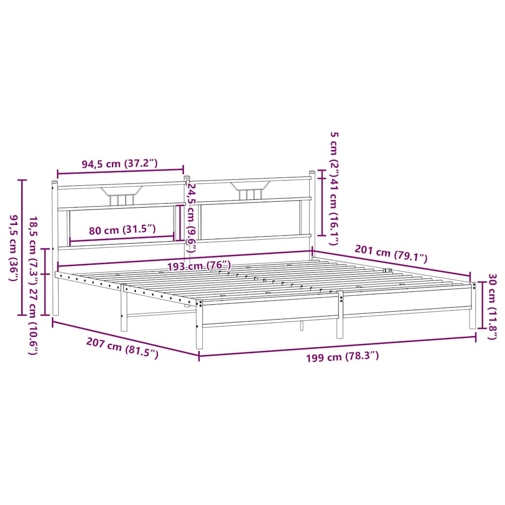 Metal Bed Frame without Mattress Smoked Oak 193x203 cm