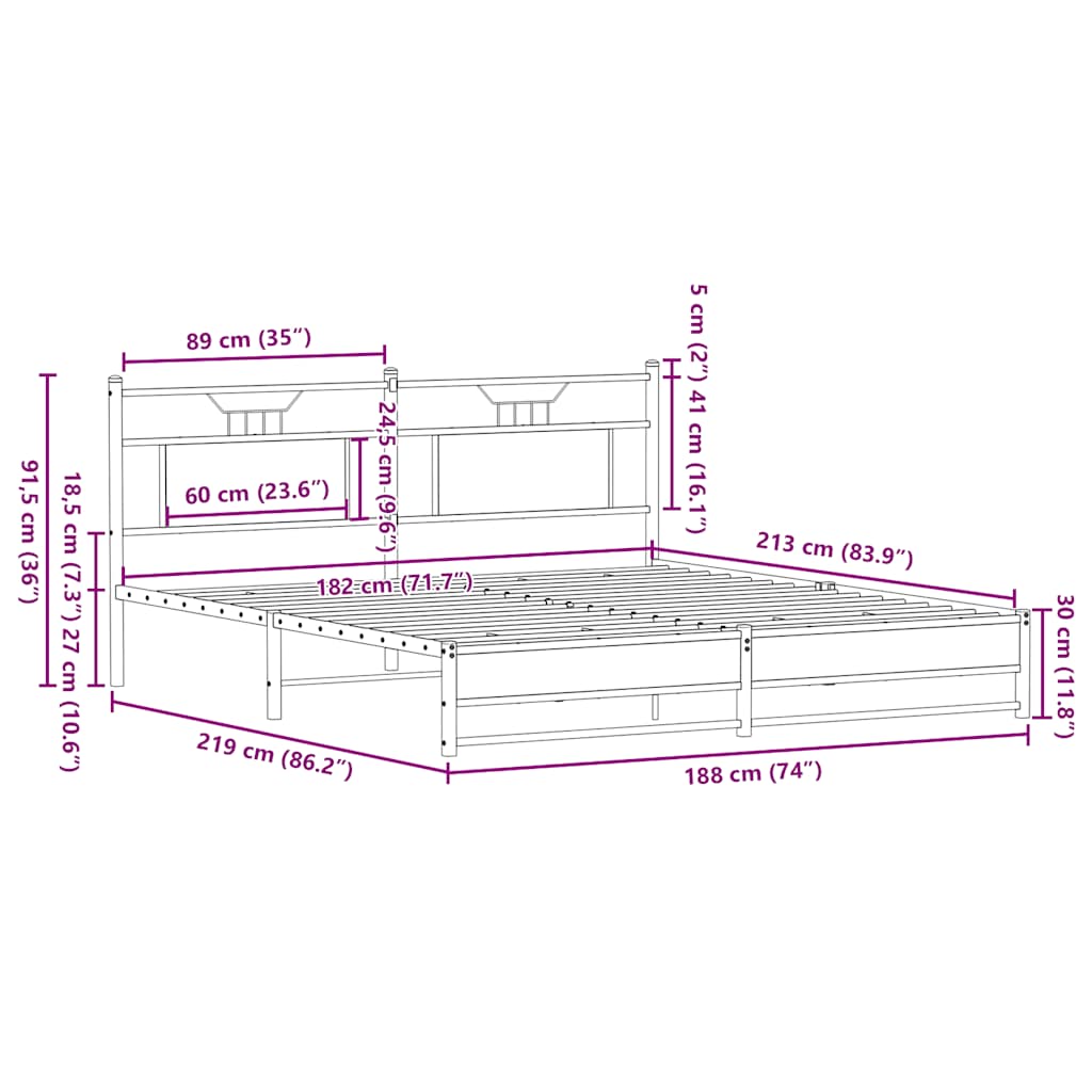 Metal Bed Frame without Mattress Smoked Oak 183x213 cm