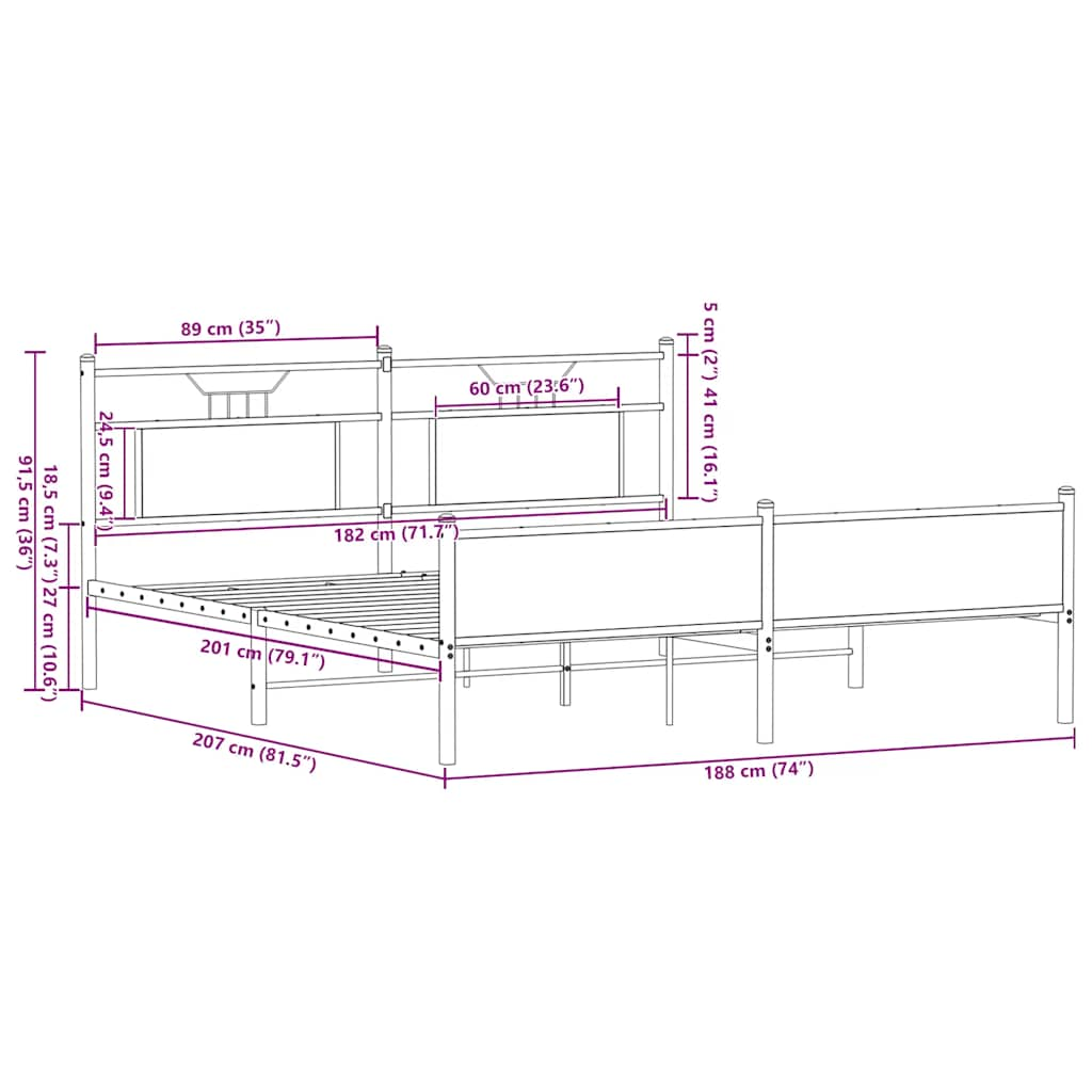 Metal Bed Frame without Mattress Smoked Oak 180x200 cm Super King