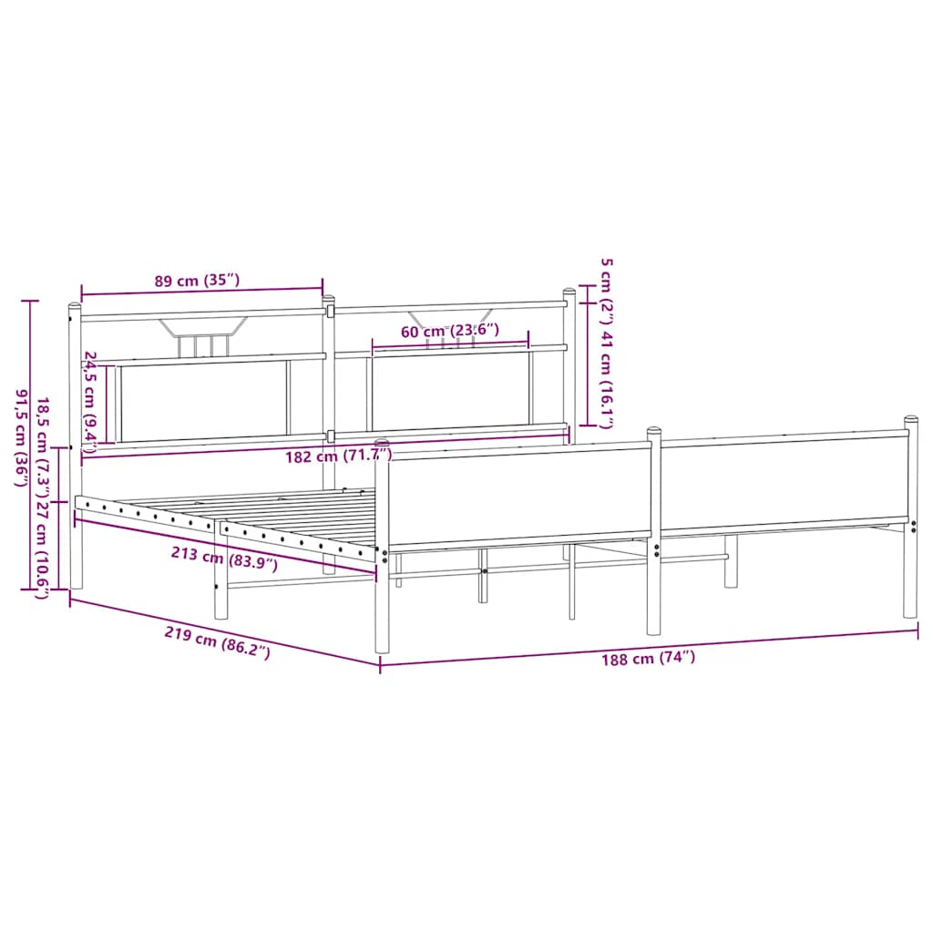 Metal Bed Frame without Mattress Smoked Oak 183x213 cm