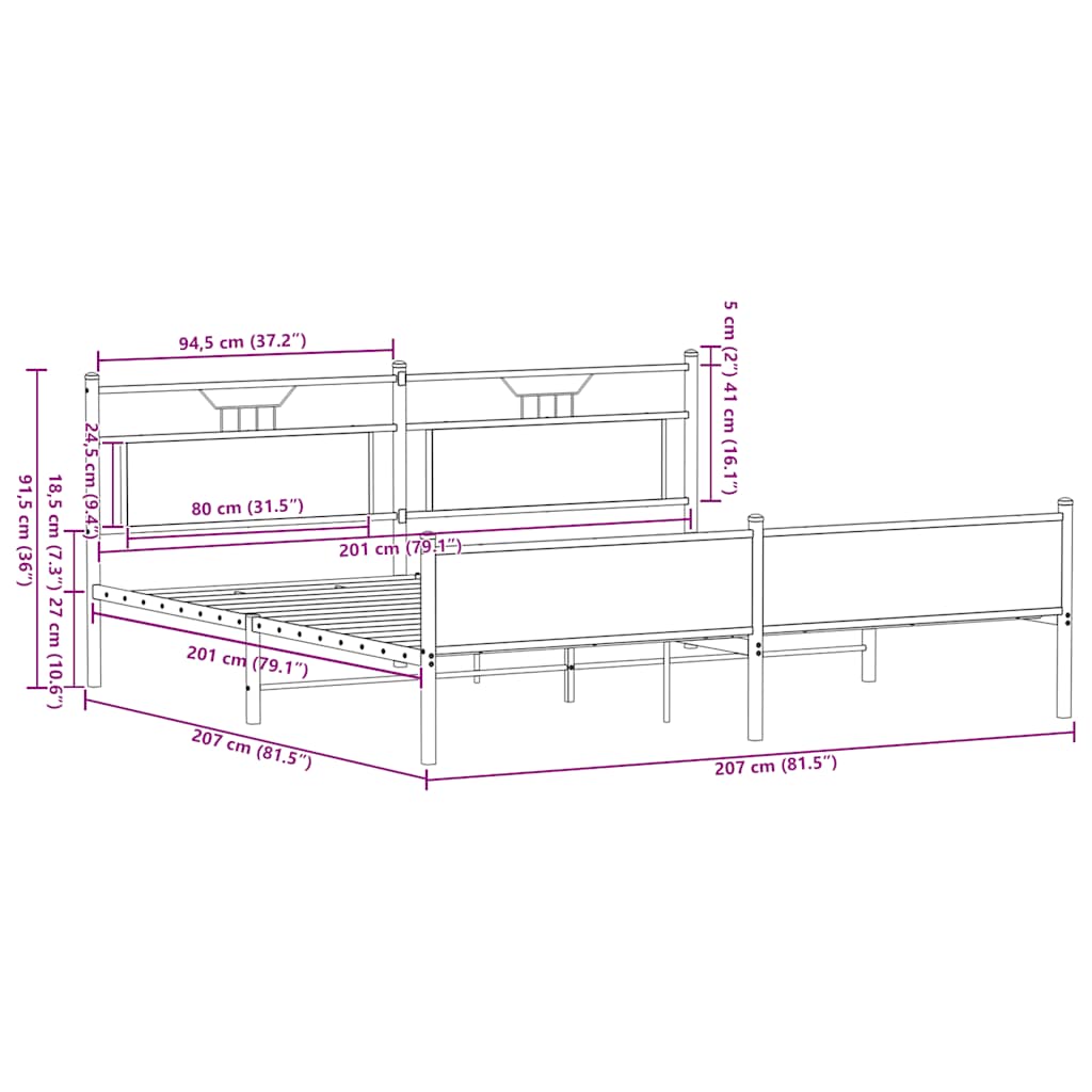 Metal Bed Frame without Mattress Smoked Oak 200x200 cm