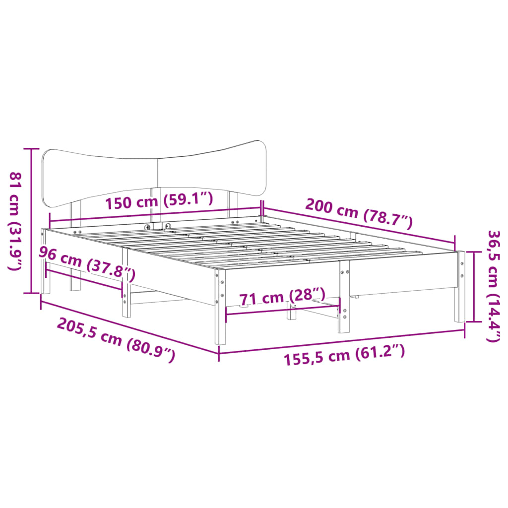 Bed Frame without Mattress White 150x200 cm King Size Solid Wood Pine