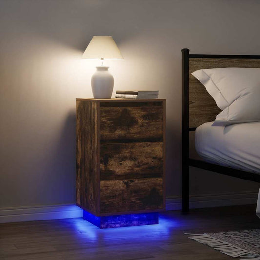 Bedside Cabinet with LED Lights Smoked Oak 38x34x65 cm