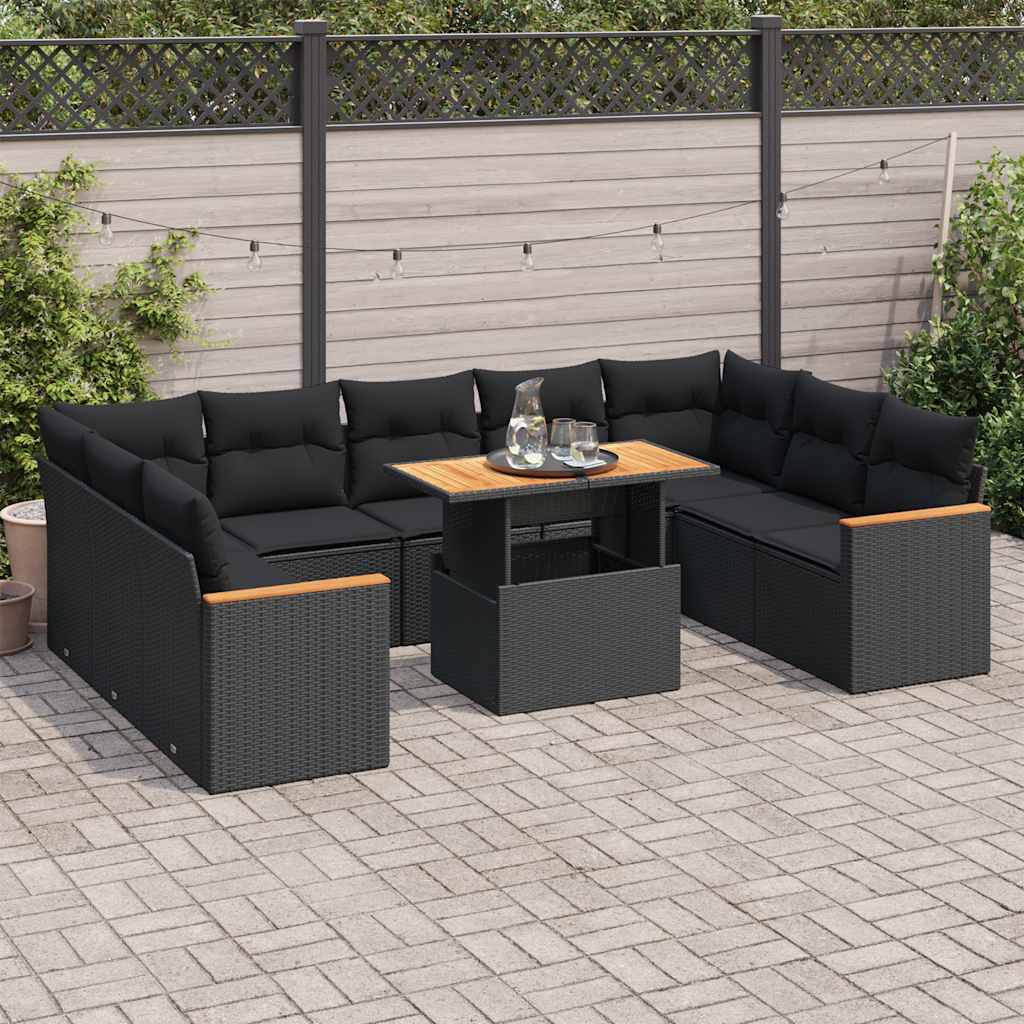 10 Piece Garden Sofa Set with Cushions Black Poly Rattan Acacia