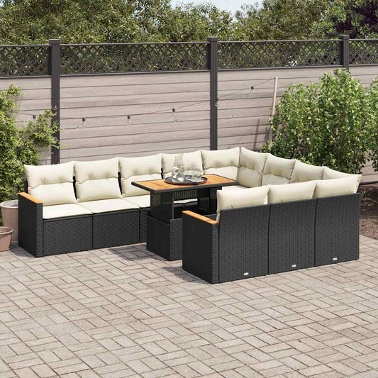 11 Piece Garden Sofa Set with Cushions Black Poly Rattan Acacia