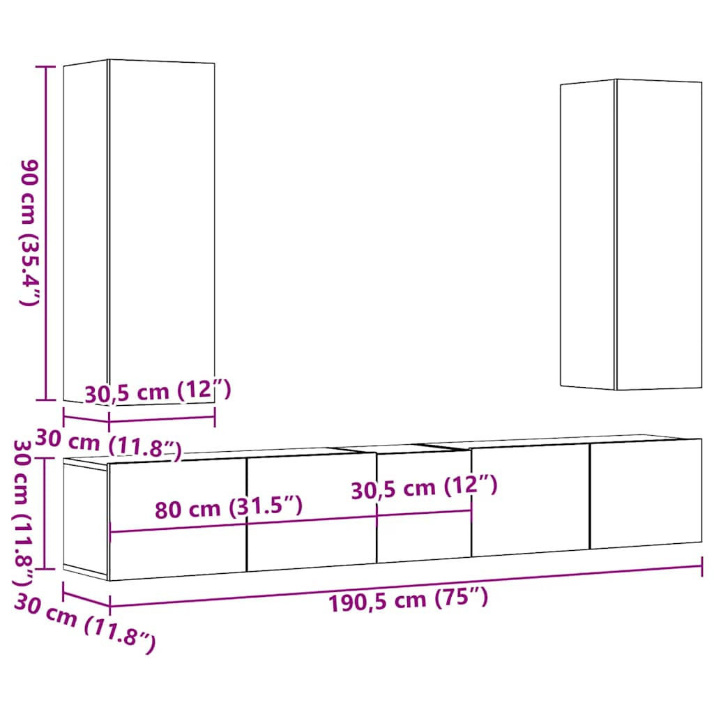 Wall Mounted TV cabinets 5 pcs Old Wood Engineered Wood