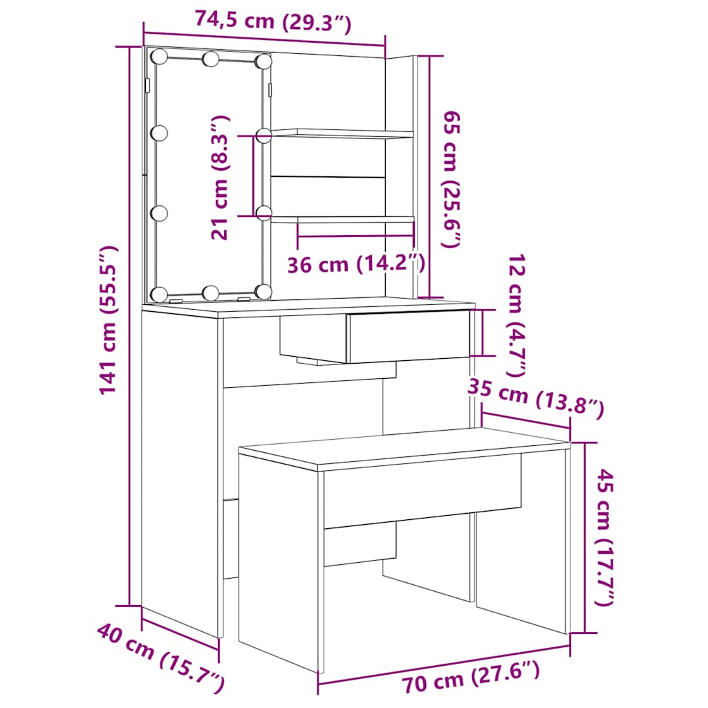 Dressing Table Set with LED Old Wood Engineered Wood